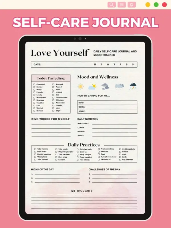 Self Care Journal | Self Care Printable Planner | iPad Planner | Goodnotes Planner | Mood Tracker | Gratitude Planner | Digital Planner